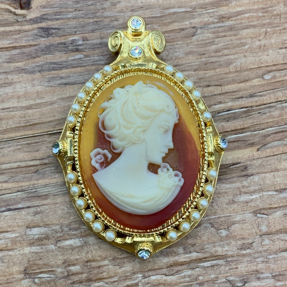 Berebi Limited Edition Vintage Cameo Pearls Swarovski Crystal Gold Tone Brooch